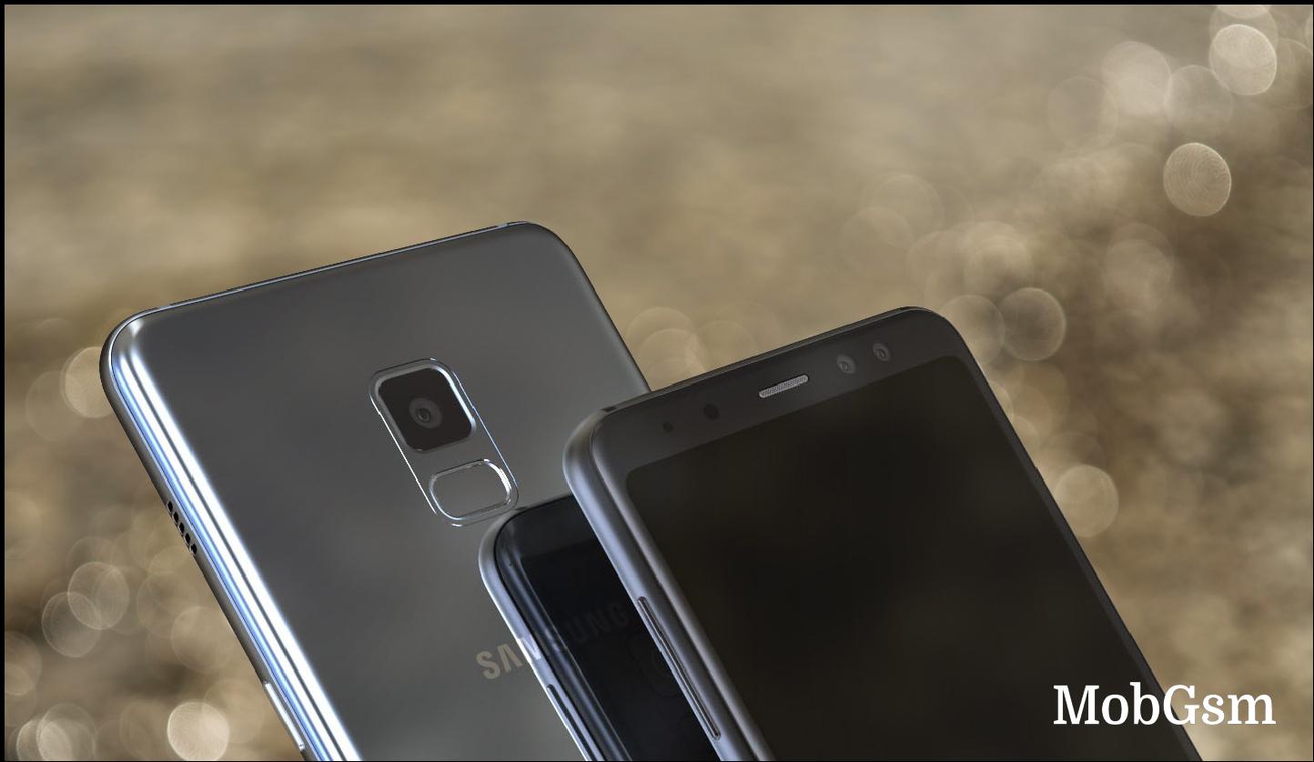 Additional Galaxy A5 (2018) and A7 (2018) renders show dual selfie camera