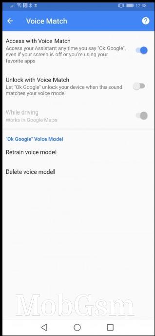 Voice Match settings on the Huawei Mate 20 Pro