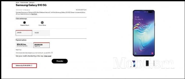 Samsung Galaxy S10 5G pre-order page