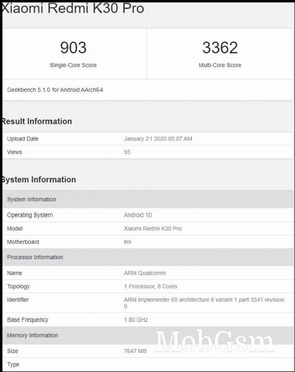 Redmi K30 Pro flexes Snapdragon 865 and 8GB of RAM on Geekbench