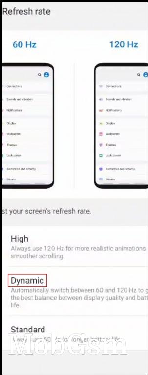 New Dynamic mode in Galaxy S20 display settings