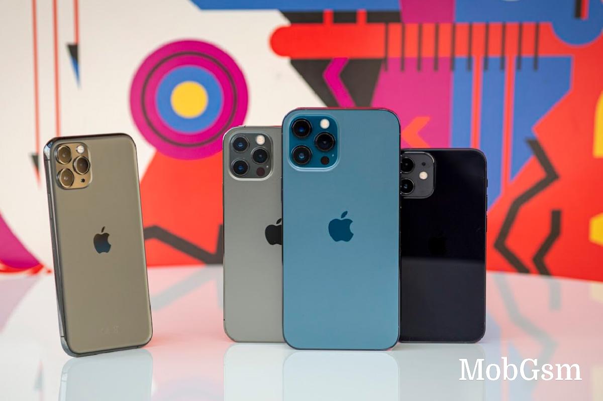 (from left to right) iPhone 11 Pro, iPhone 12 Pro, iPhone 12 Pro Max, and iPhone 12 mini