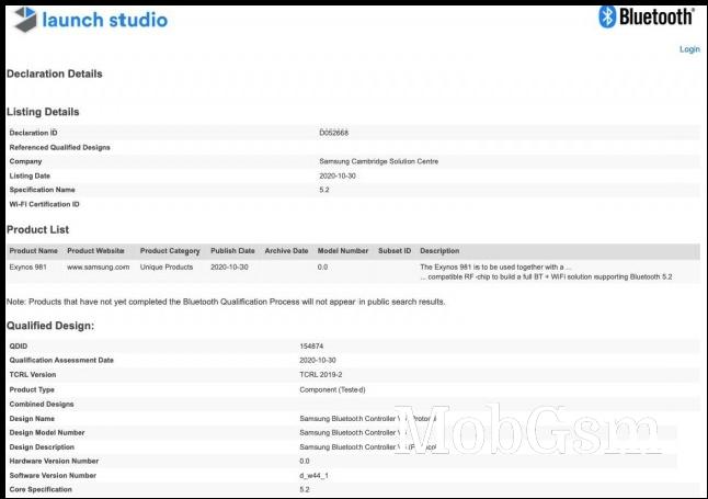 Exynos 981 Bluetooth SIG listing