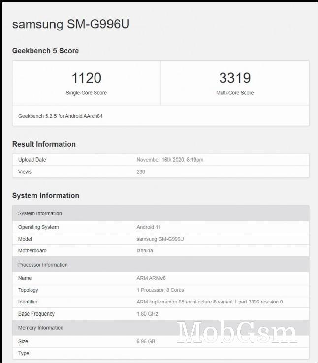 Samsung Galaxy S21 phone on Geekbench