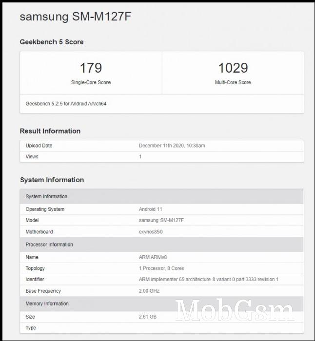 Samsung Galaxy M12 Geekbench run