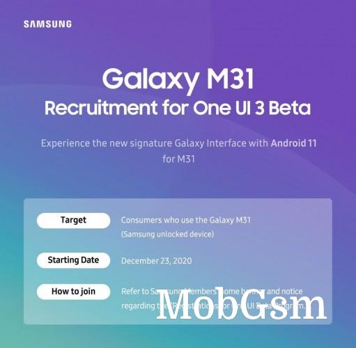 Samsung announces One UI 3.0 beta for Galaxy M31