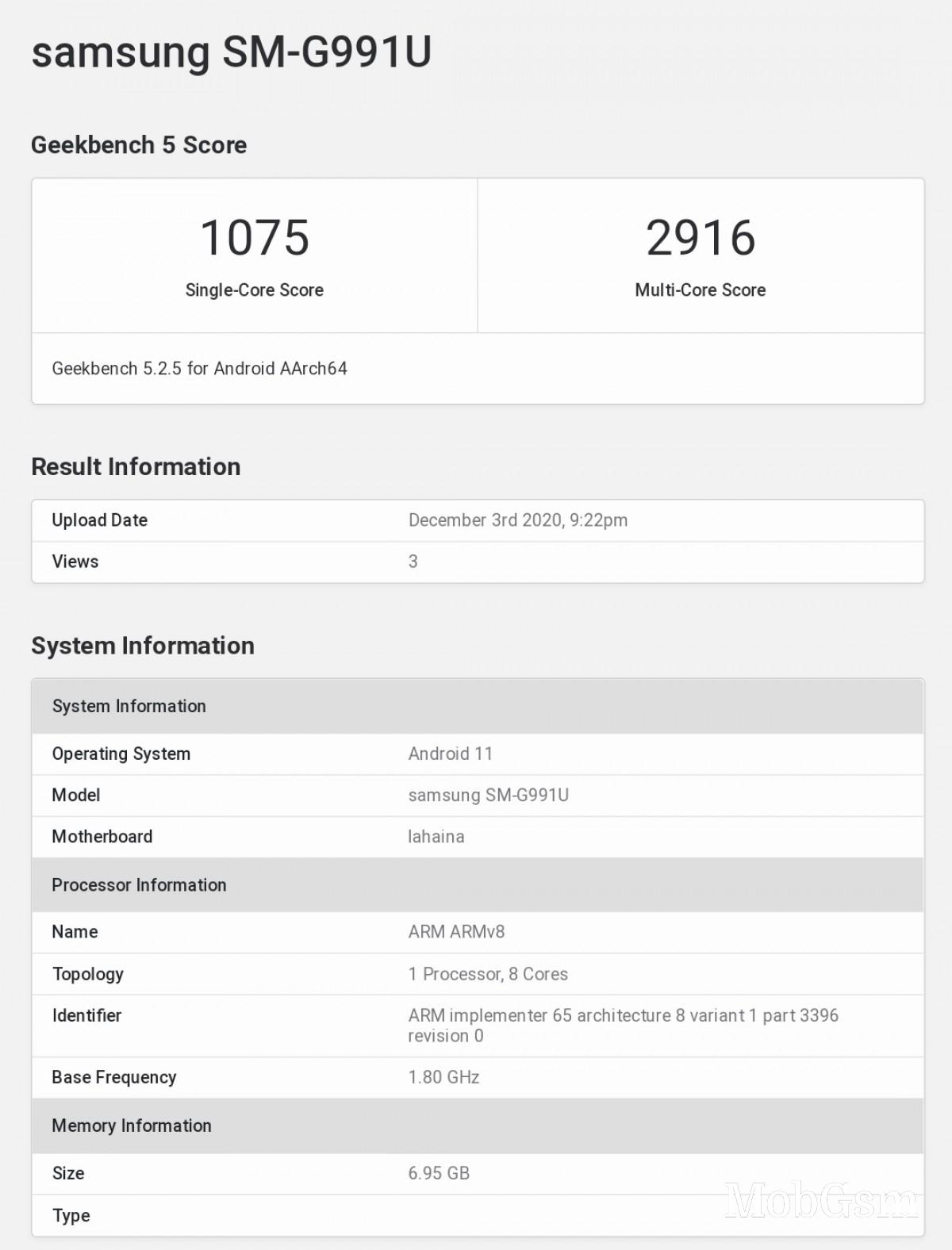 Samsung Galaxy S21 tested on GeekBench with 8GB RAM and Snapdragon 888