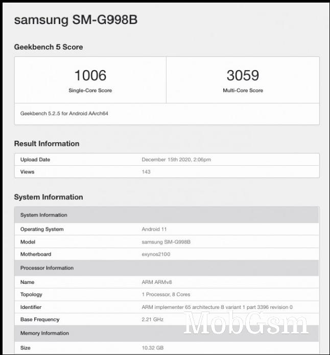 Samsung Galaxy S21 Ultra with Exynos 2100 on Geekbench