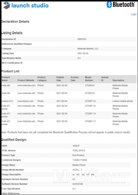 Moto E6i, Moto E7i Power, and Lenovo K13 bag Bluetooth SIG certification