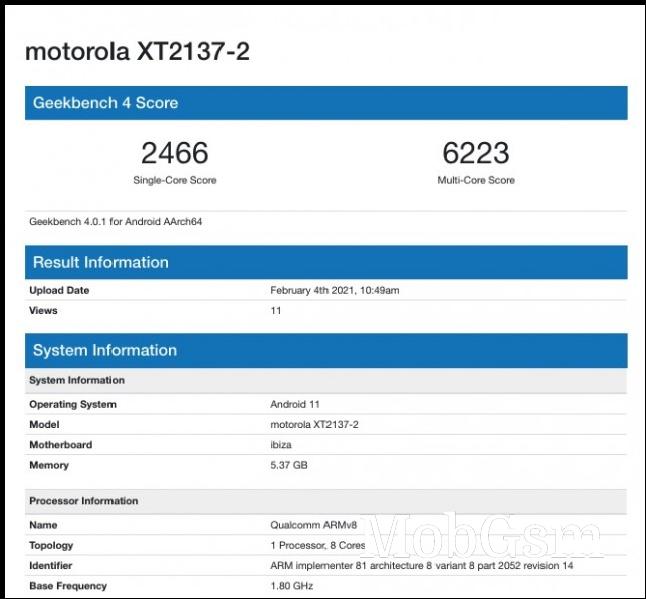 Moto Ibiza Gekbench listing