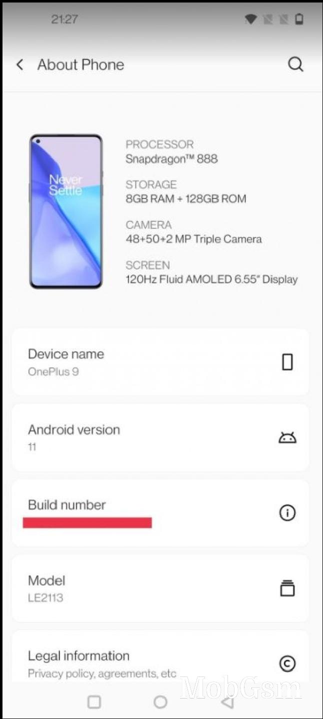 OnePlus 9 About Phone section