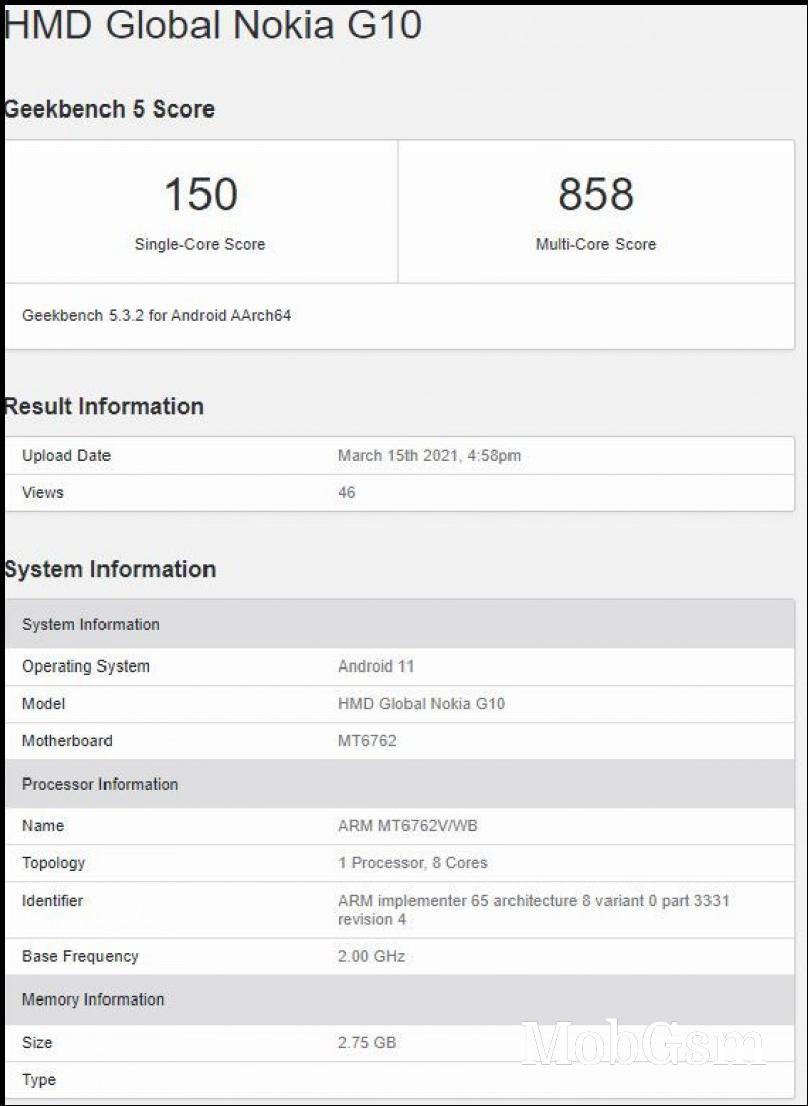 Nokia G10 reveals Helio P22 chip and 3GB of RAM on Geekbench