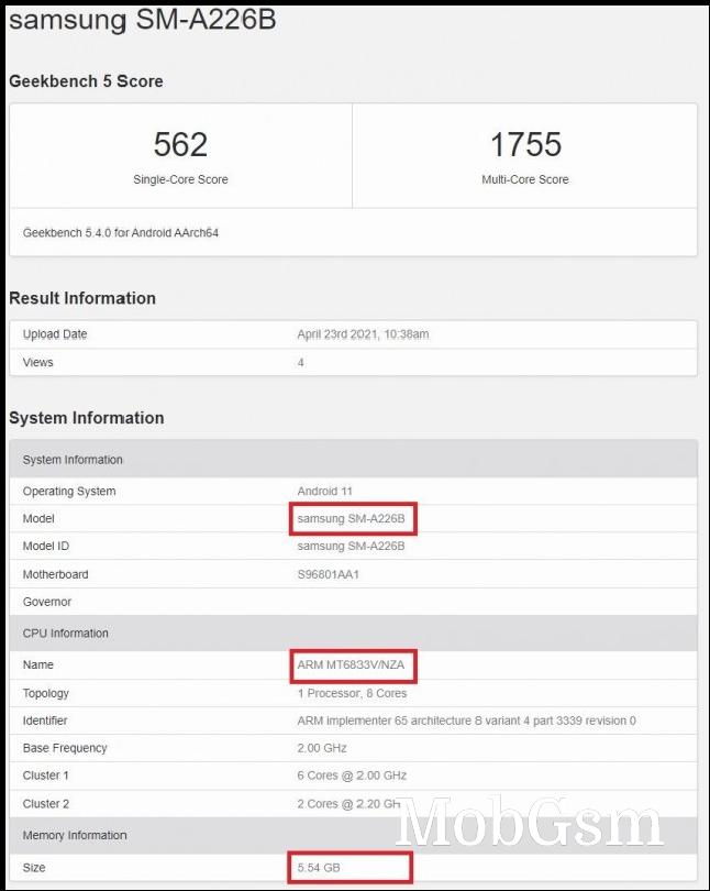 Samsung Galaxy A22 5G listing on Geekbench