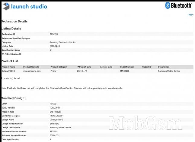 Galaxy F52 5G listing on Bluetooth SIG