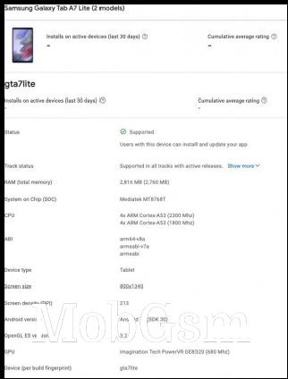 Galaxy Tab A7 Lite listings on Google Play Console