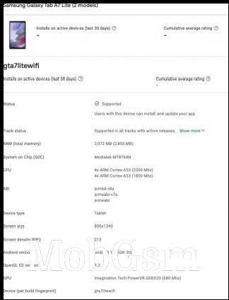Galaxy Tab A7 Lite listings on Google Play Console