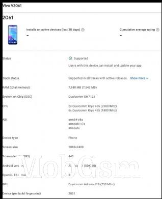 vivo V21 SE Google Play Console listing