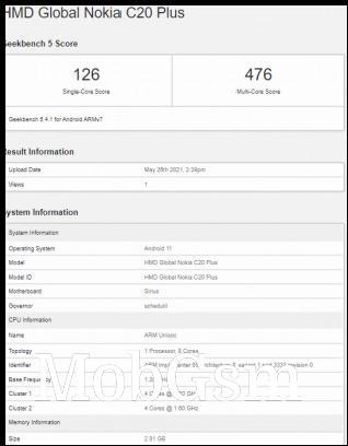 Geekbench results: Nokia C20 Plus