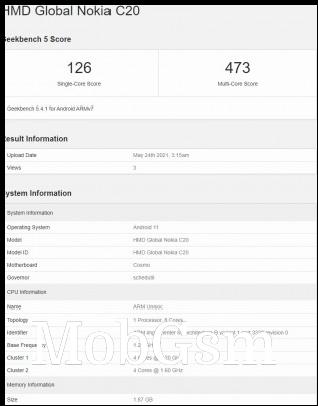 Geekbench results: Nokia C20