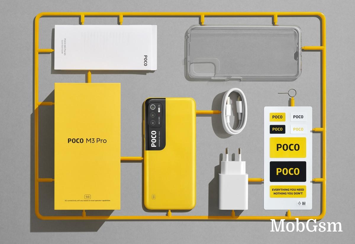 The Poco M3 Pro 5G retail package includes a 22.5W charger, USB-C cable and a transparent case