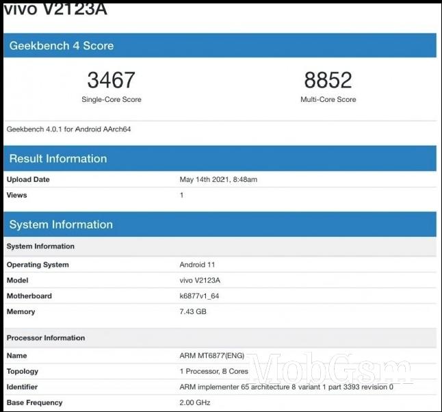 vivo V2123A on Geekbench