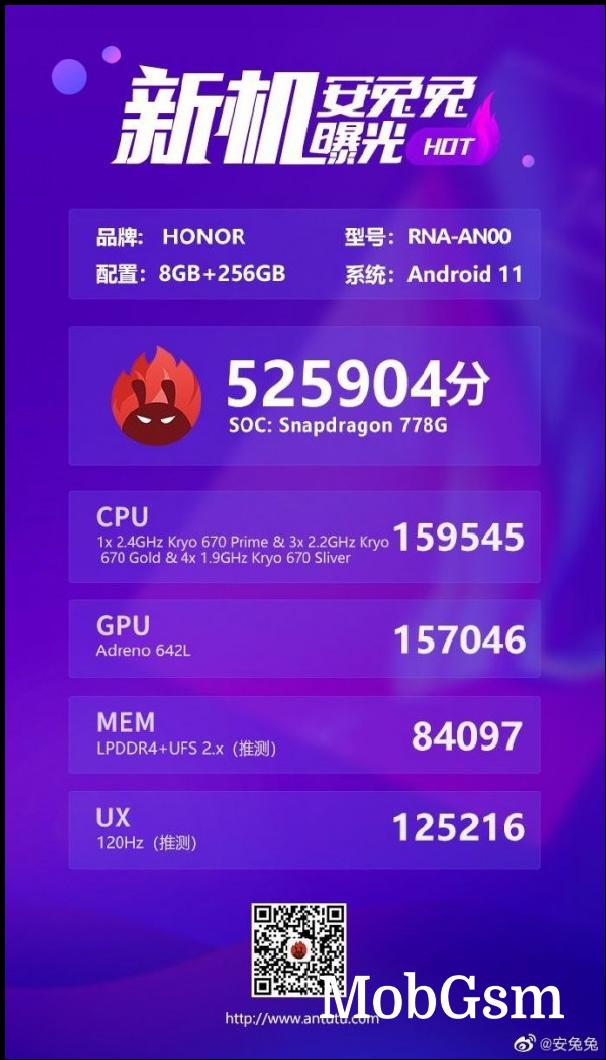 Honor 50 Pro benchmarked on AnTuTu with Snapdragon 778G, more specs revealed