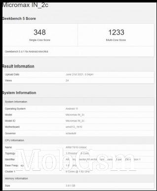 Geekbench 5 scores: Micromax In 2c