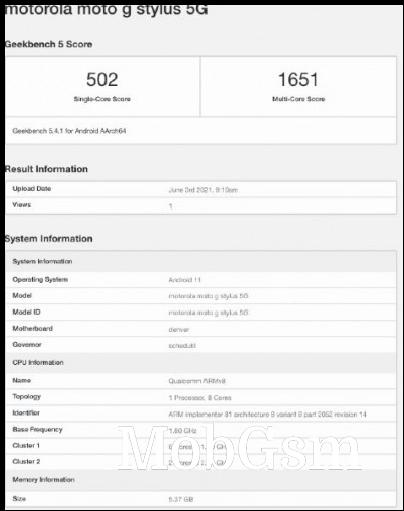 Moto G Stylus 5G Geakbench listing