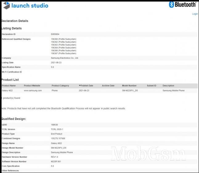 Samsung Galaxy M22 Bluetooth certified