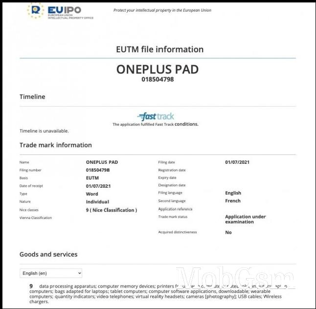 OnePlus Pad on EUIPO