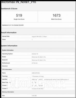 Early Geekbench 5.4 result from the Micromax In note 1 Pro