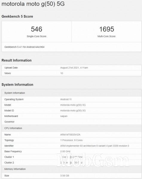 Motorola Moto G50 5G (Saipan) appears on Geekbench with key specs