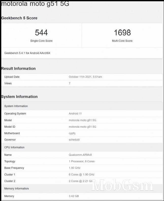 Motorola Moto G51 on GeekBench