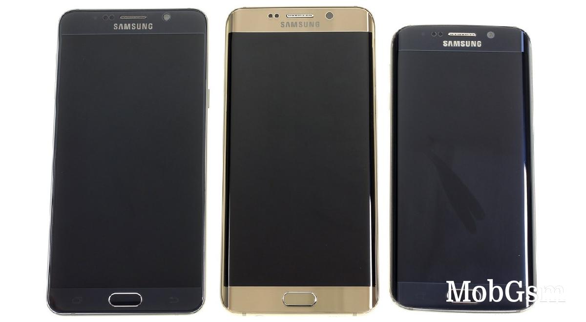 The Galaxy S6 edge+ (center) was as big as the Note5 (left), dwarfing the S6 edge (right)