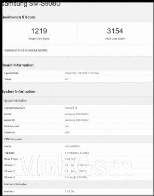 Samsung Galaxy S22 Ultra/Note with Snapdragon 8 Gen 1 on Geekbench