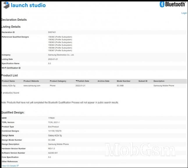 Samsung Galaxy A22e 5G on Bluetooth SIG