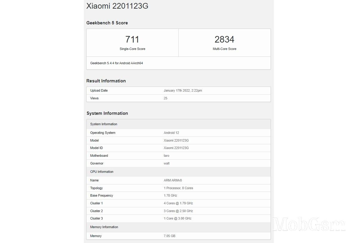 Global Xiaomi 12 model passes through Geekbench with 8GB of RAM