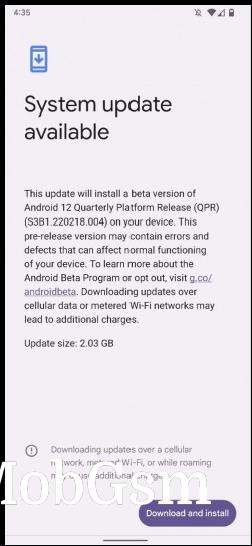 Android 12 QPR3 Beta 1 OTA notification on Google Pixel 6 Pro