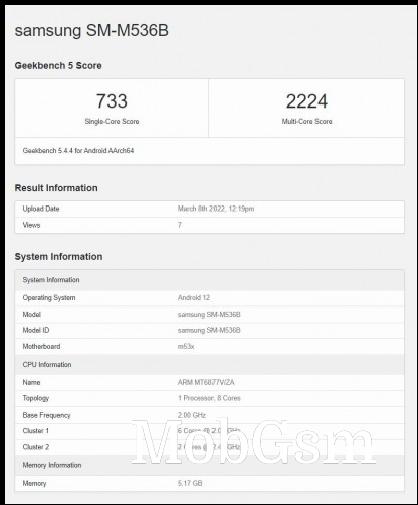 Samsung SM-M536B Geekbench score card