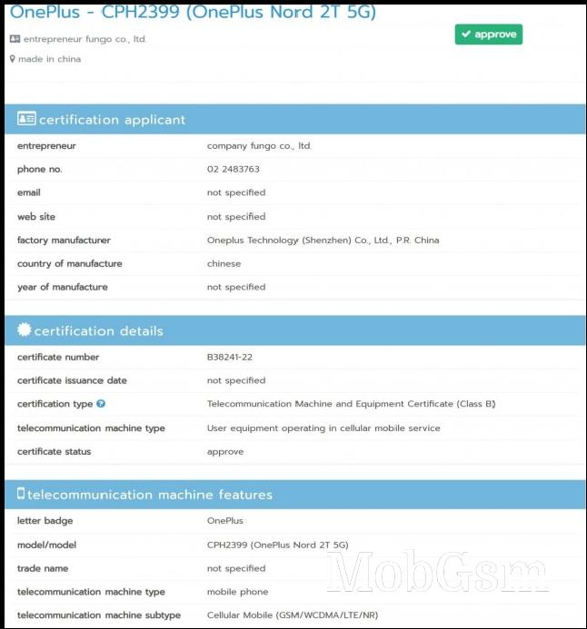 OnePlus Nord 2T 5G is NBTC certified