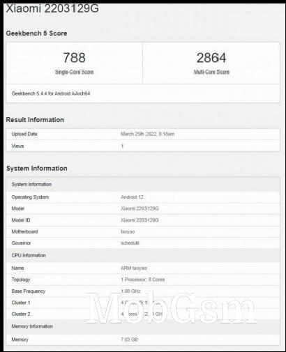 Xiaomi 12 Lite of Geekbench