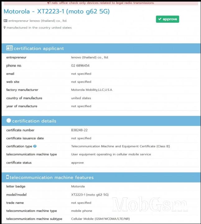 Motorola Moto G62 5G is NBTC certified