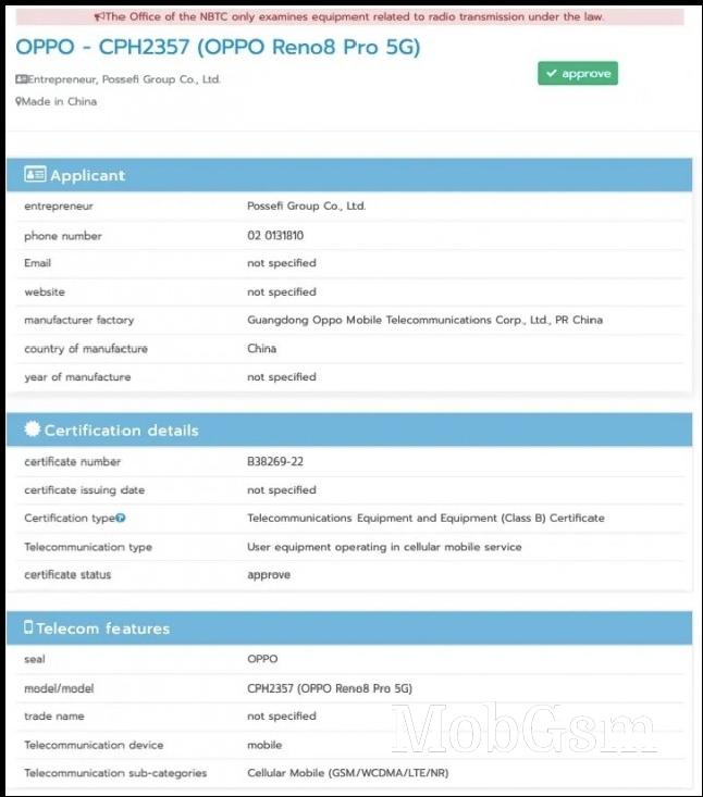 Oppo Reno8 Pro 5G NBTC certified
