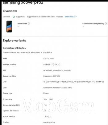 Samsung Galaxy Xcover Pro 2 details from the Google Play Console