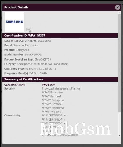 Samsung Galaxy A04 (SM-A045F/DS) on Wi-Fi Alliance database