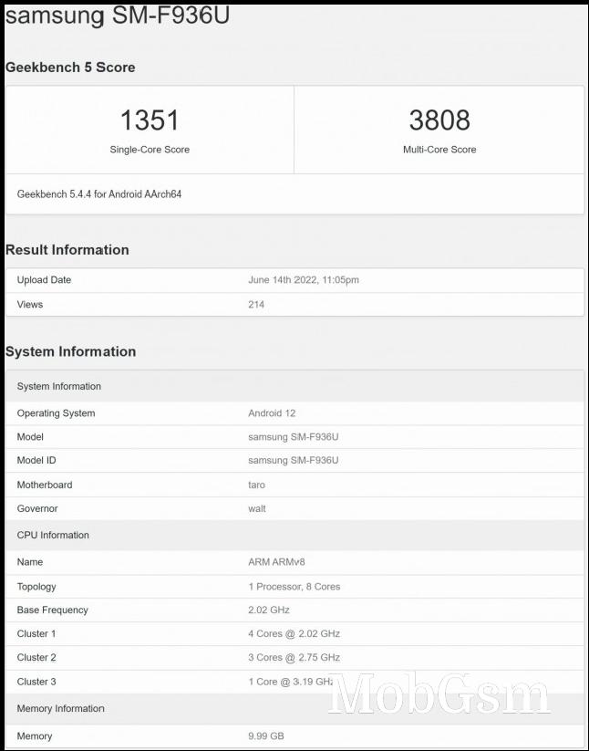 Samsung Galaxy Z Fold4 on Geekbench