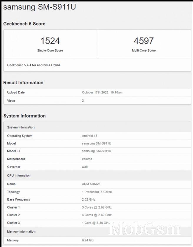 Samsung Galaxy S23 (SM-S911U) early Geekbench result (Snapdragon 8 Gen 2 chipset)