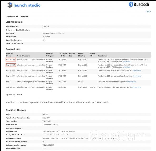 Exynos 1380 and Exynos 1330 on Bluetooth SIG