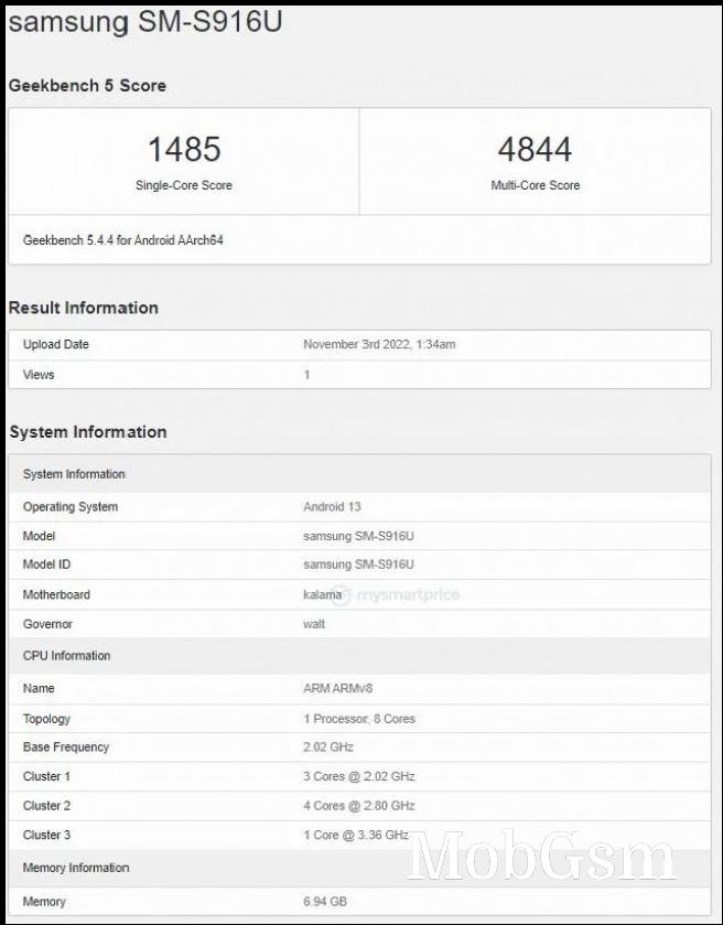 Samsung Galaxy S23+ US model on Geekbench