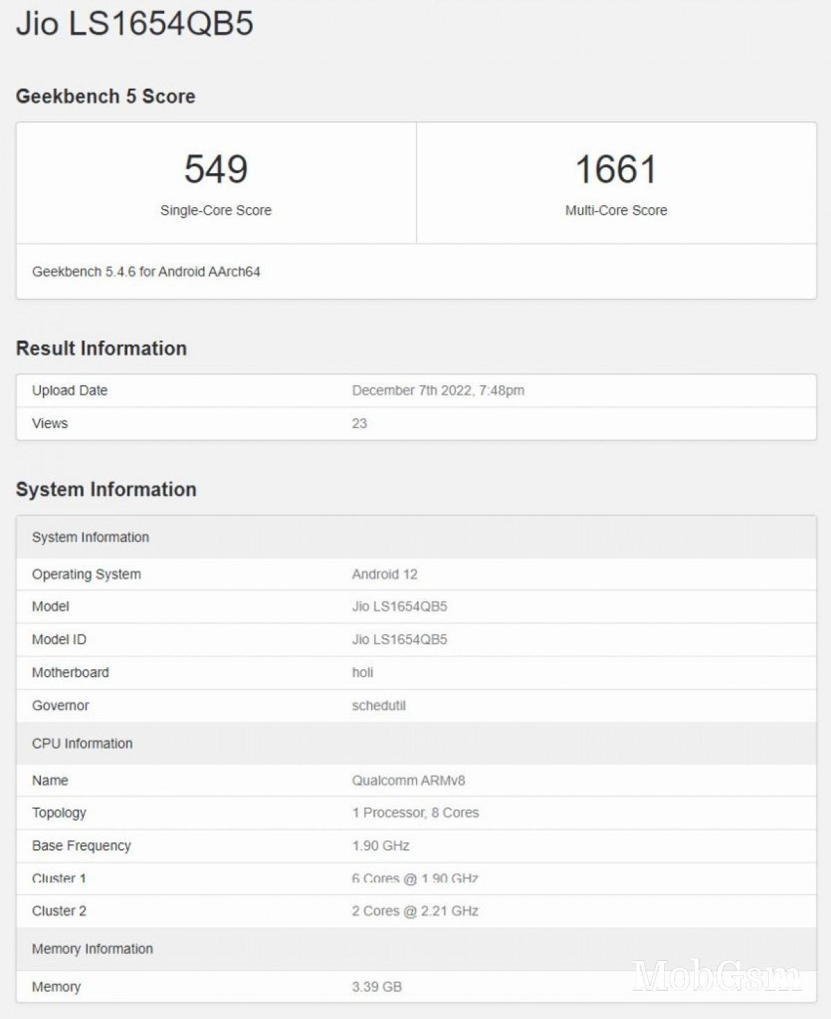 Jio Phone 5G appears on Geekbench with Snapdragon 480+